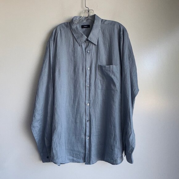 Theory Irving Shirt Mens XXL Blue Precise Linen Long Sleeve - Picture 2 of 10